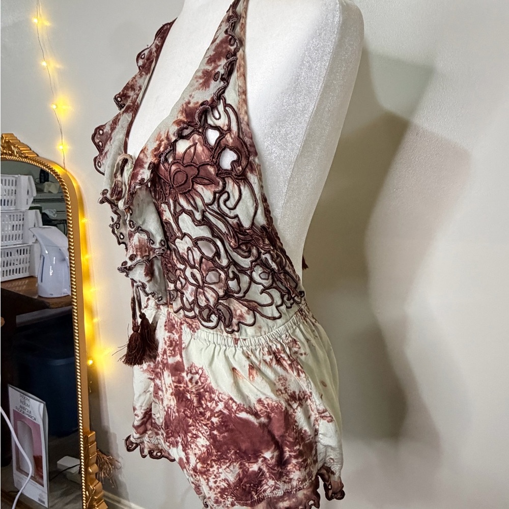Free People Maroon and Cream Tie-Dye Romper - Picture 3 of 13